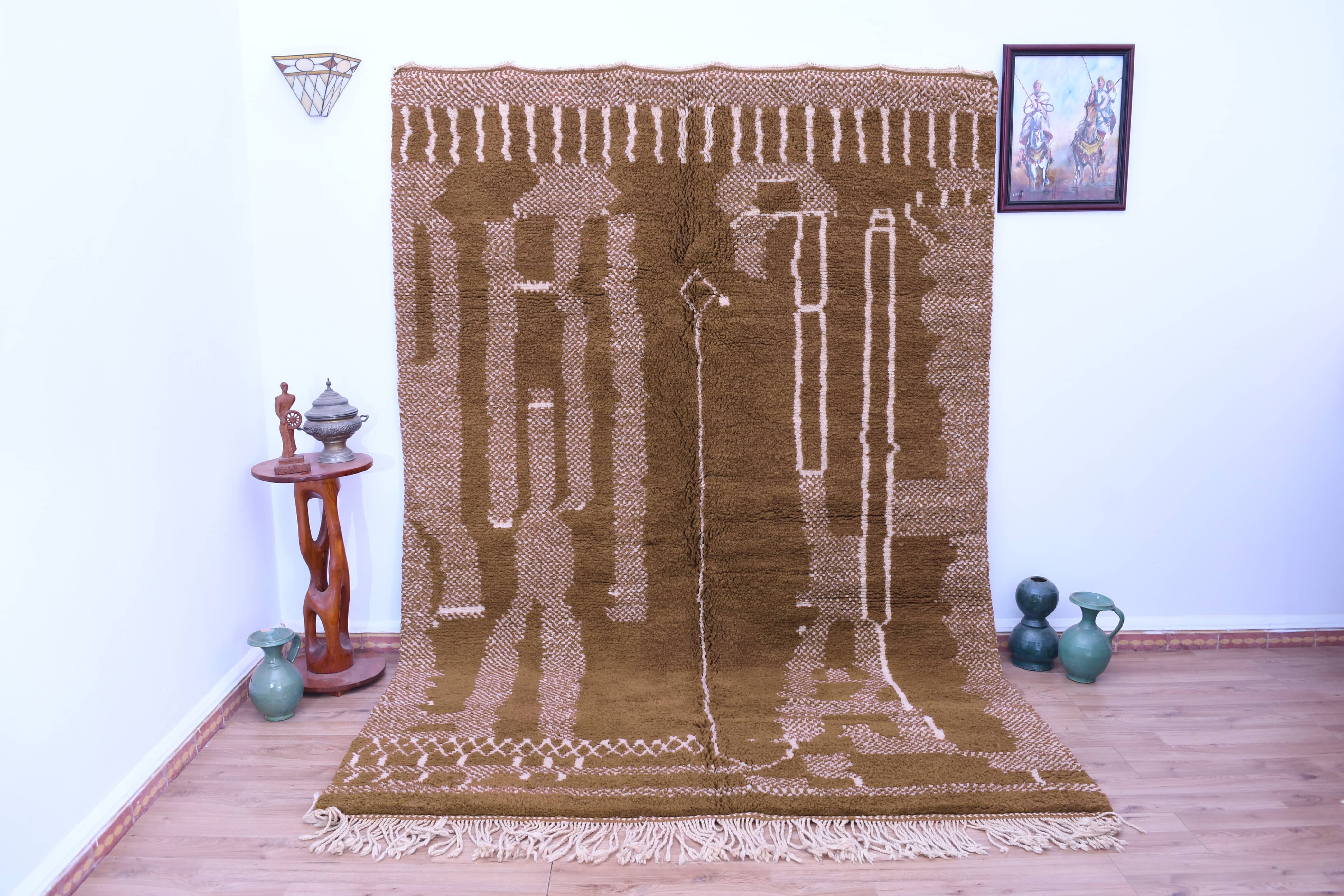 Moroccan Rug Handmade Wool 7x10 - Olive Green Neutral Modern Boho Area Rug for Living Room Bedroom - Mrirt Berber