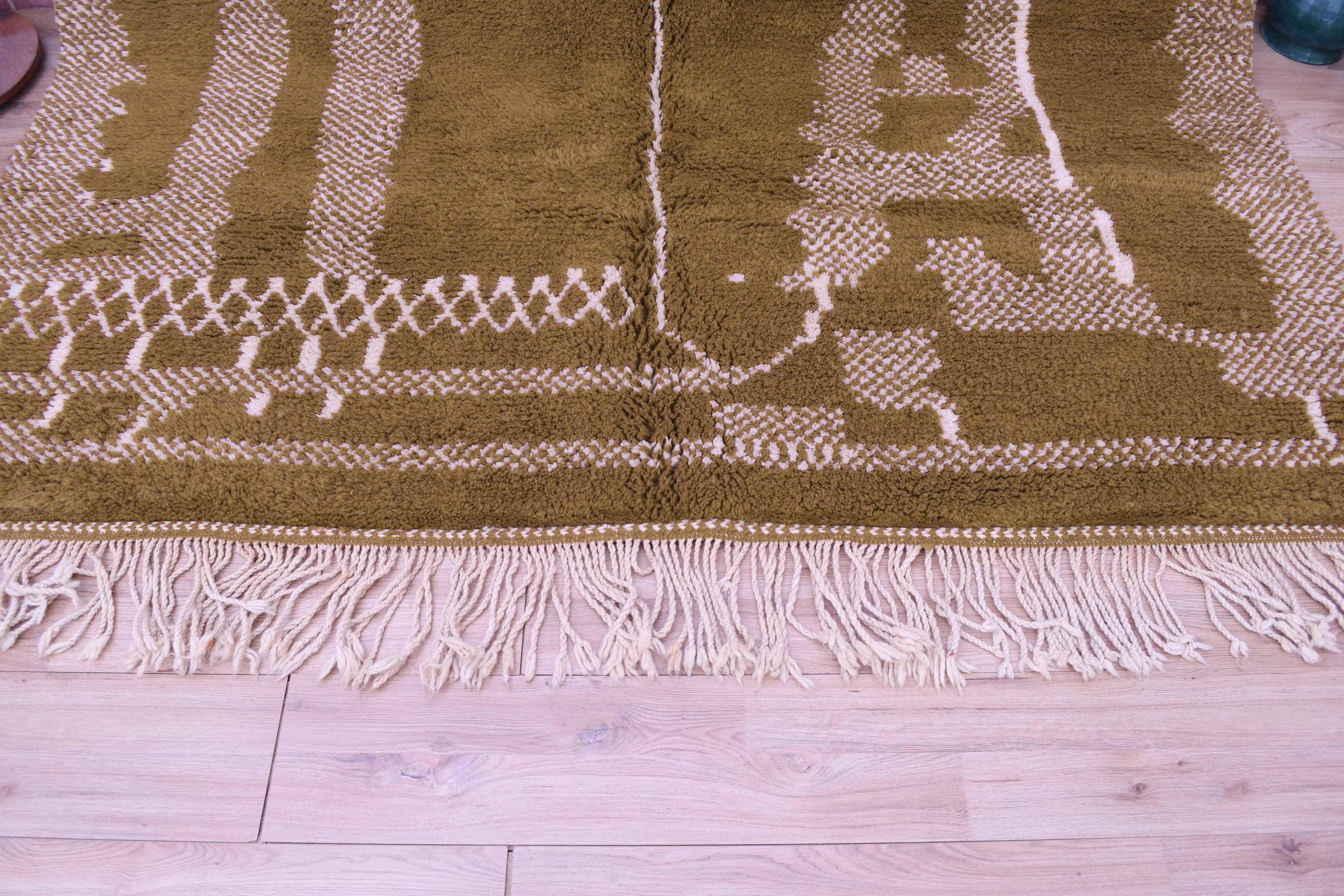 Moroccan Rug Handmade Wool 7x10 - Olive Green Neutral Modern Boho Area Rug for Living Room Bedroom - Mrirt Berber