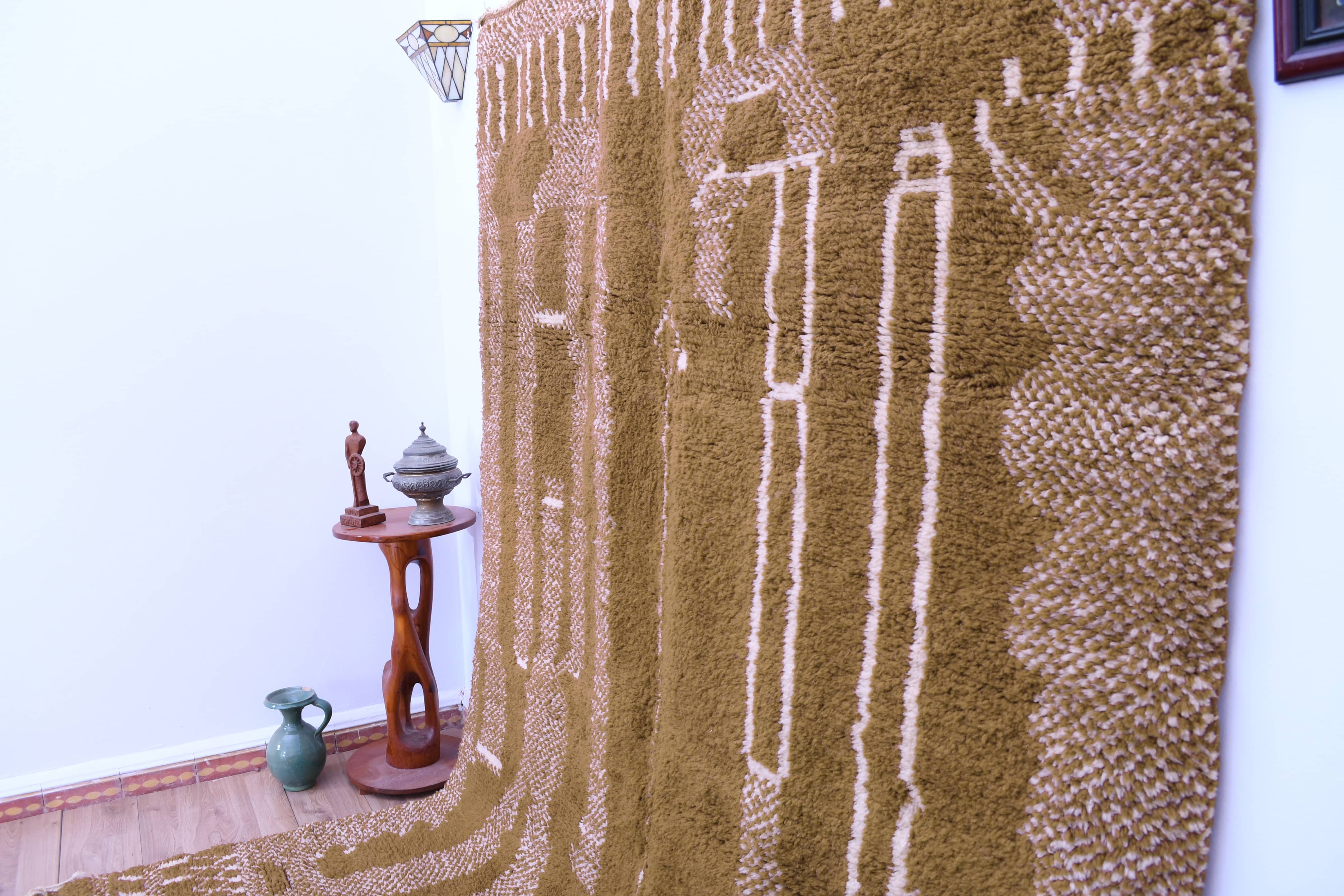Moroccan Rug Handmade Wool 7x10 - Olive Green Neutral Modern Boho Area Rug for Living Room Bedroom - Mrirt Berber