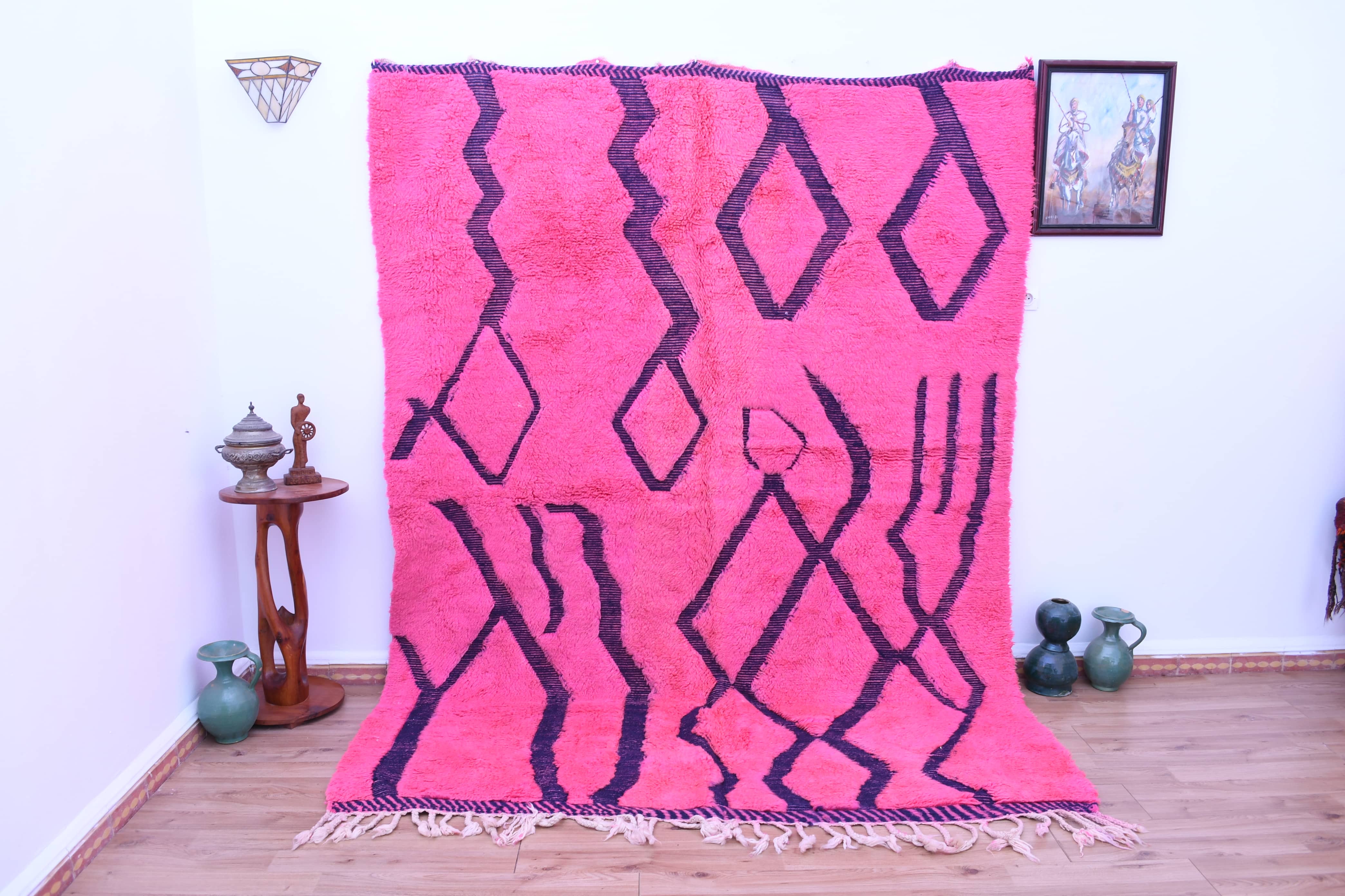 Moroccan Rug Handmade Wool 7x9 - Pink Black Geometric Boho Area Rug for Living Room Bedroom - Mrirt