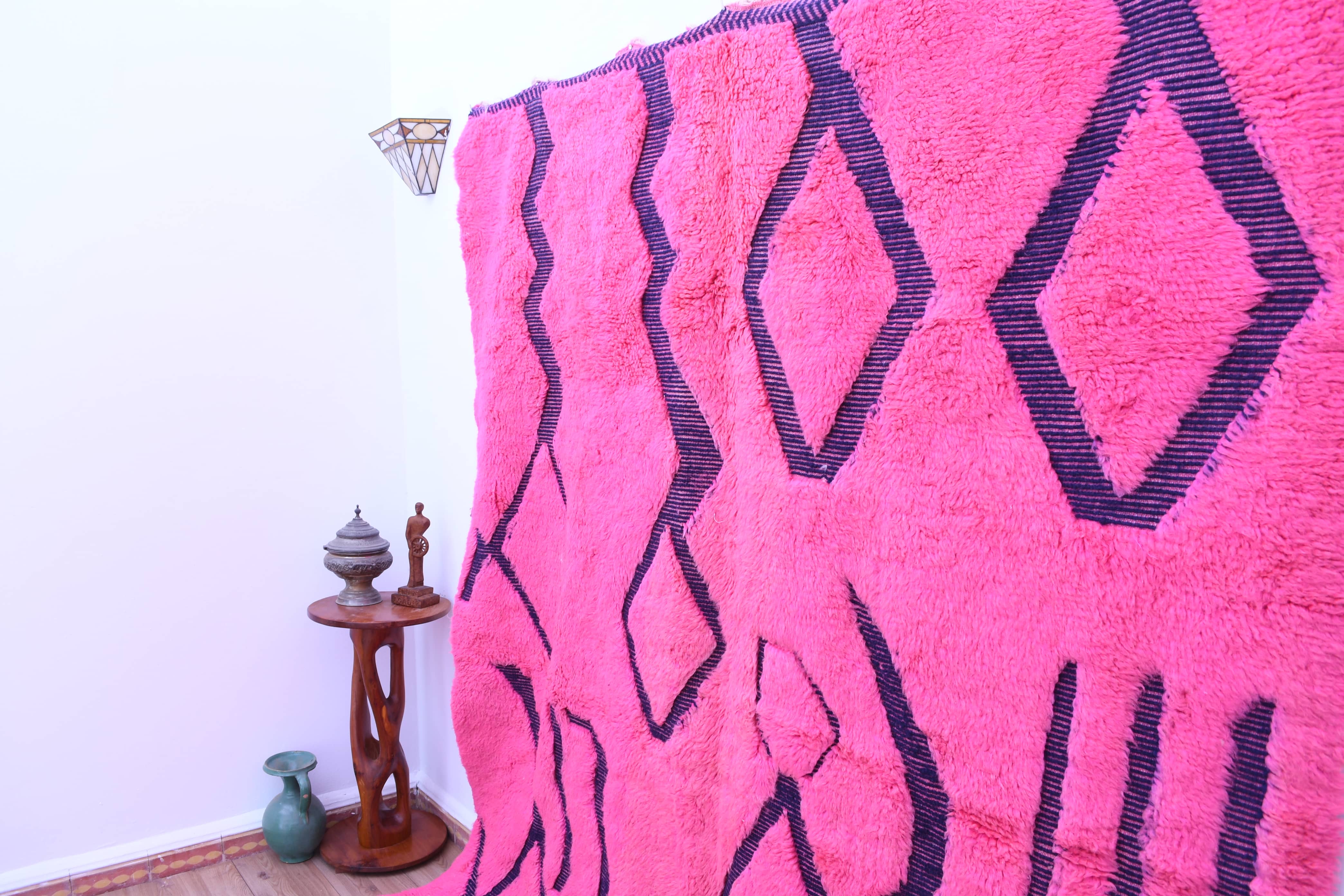 Moroccan Rug Handmade Wool 7x9 - Pink Black Geometric Boho Area Rug for Living Room Bedroom - Mrirt