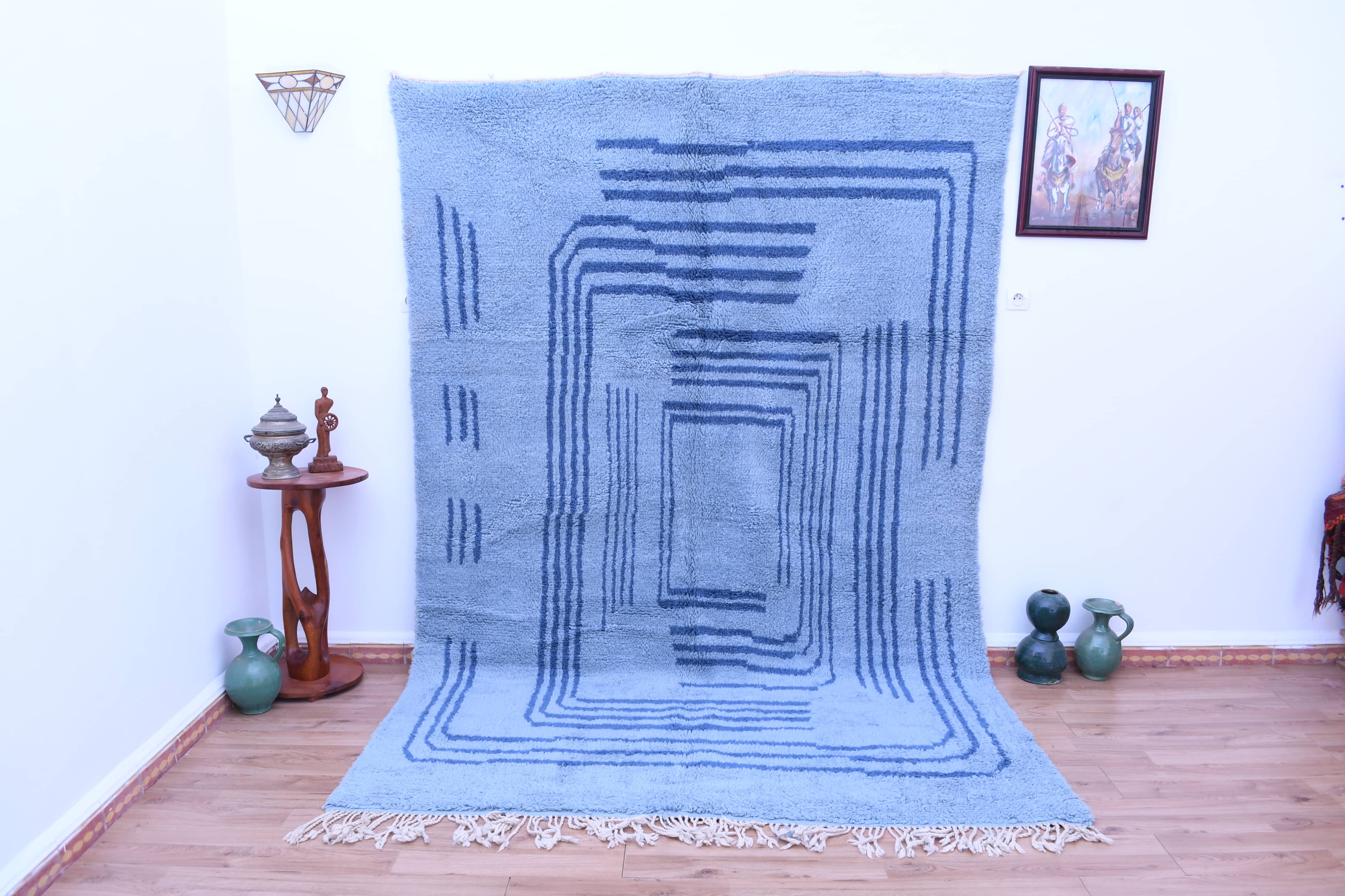 Moroccan Rug Handmade Wool 7x10 - Blue Minimalist Modern Area Rug for Living Room Bedroom - Authentic Mrirt Berber