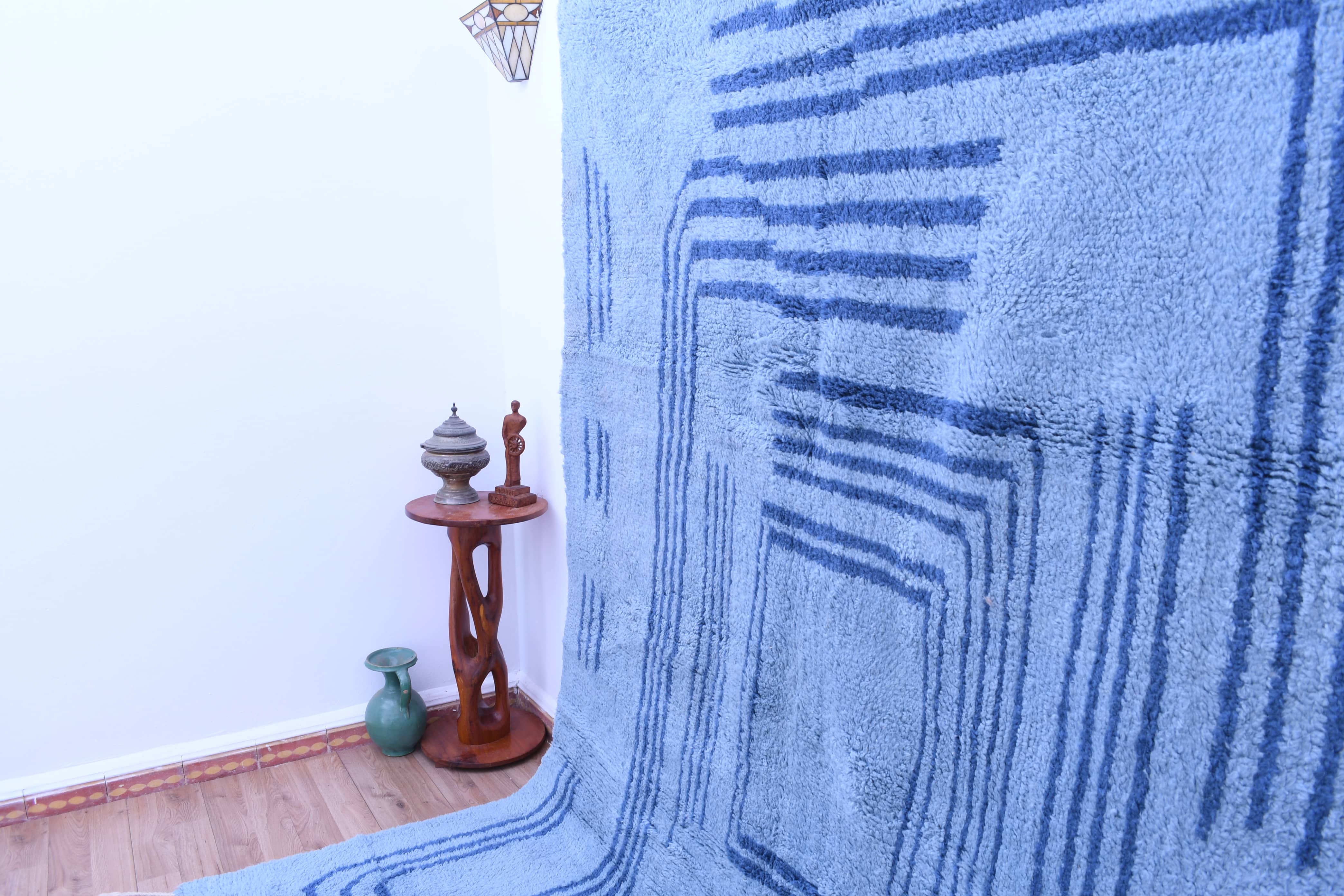 Moroccan Rug Handmade Wool 7x10 - Blue Minimalist Modern Area Rug for Living Room Bedroom - Authentic Mrirt Berber