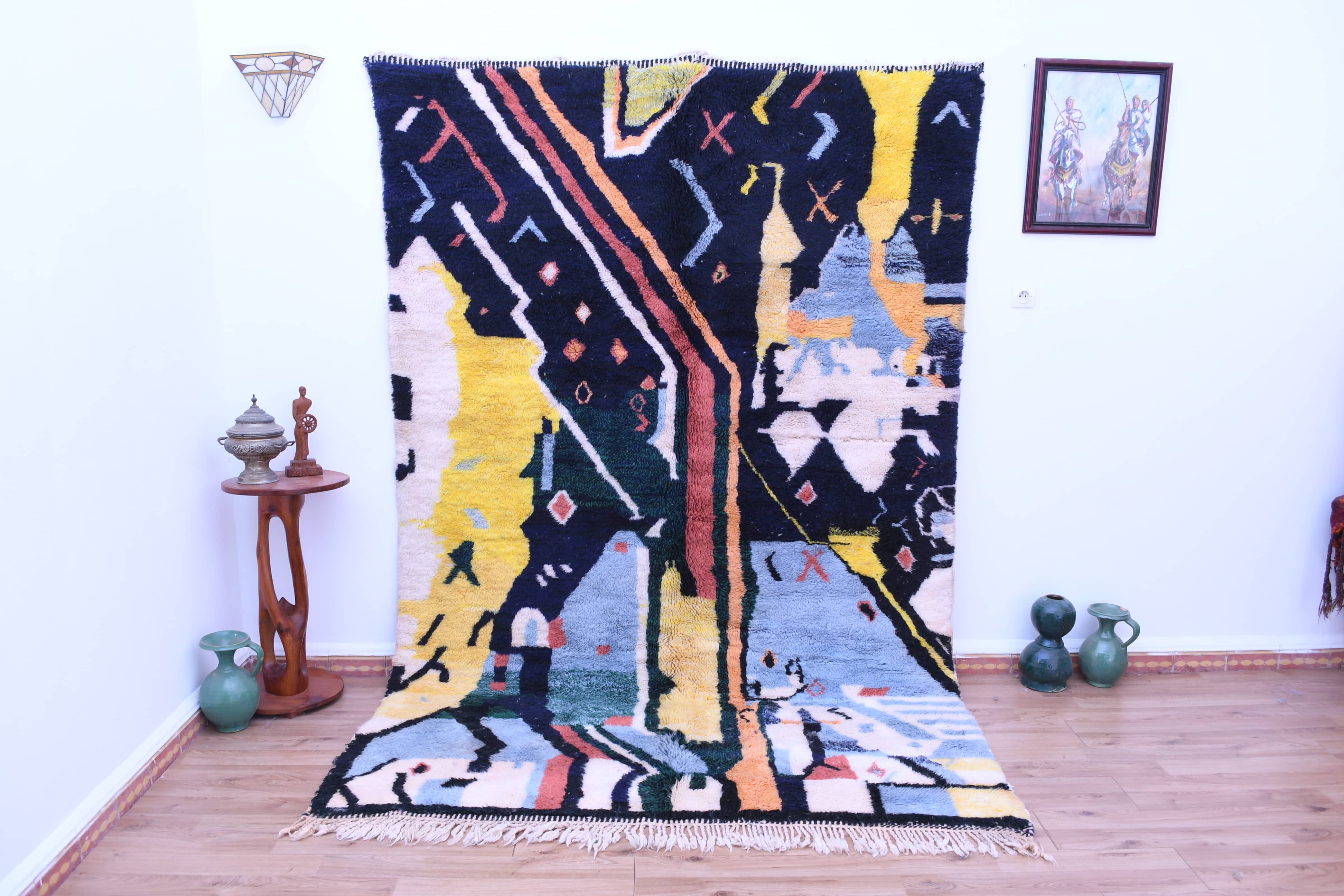 Moroccan Rug Handmade Wool 6x10 - Navy Blue Yellow Modern Boho Area Rug for Living Room Bedroom - Mrirt