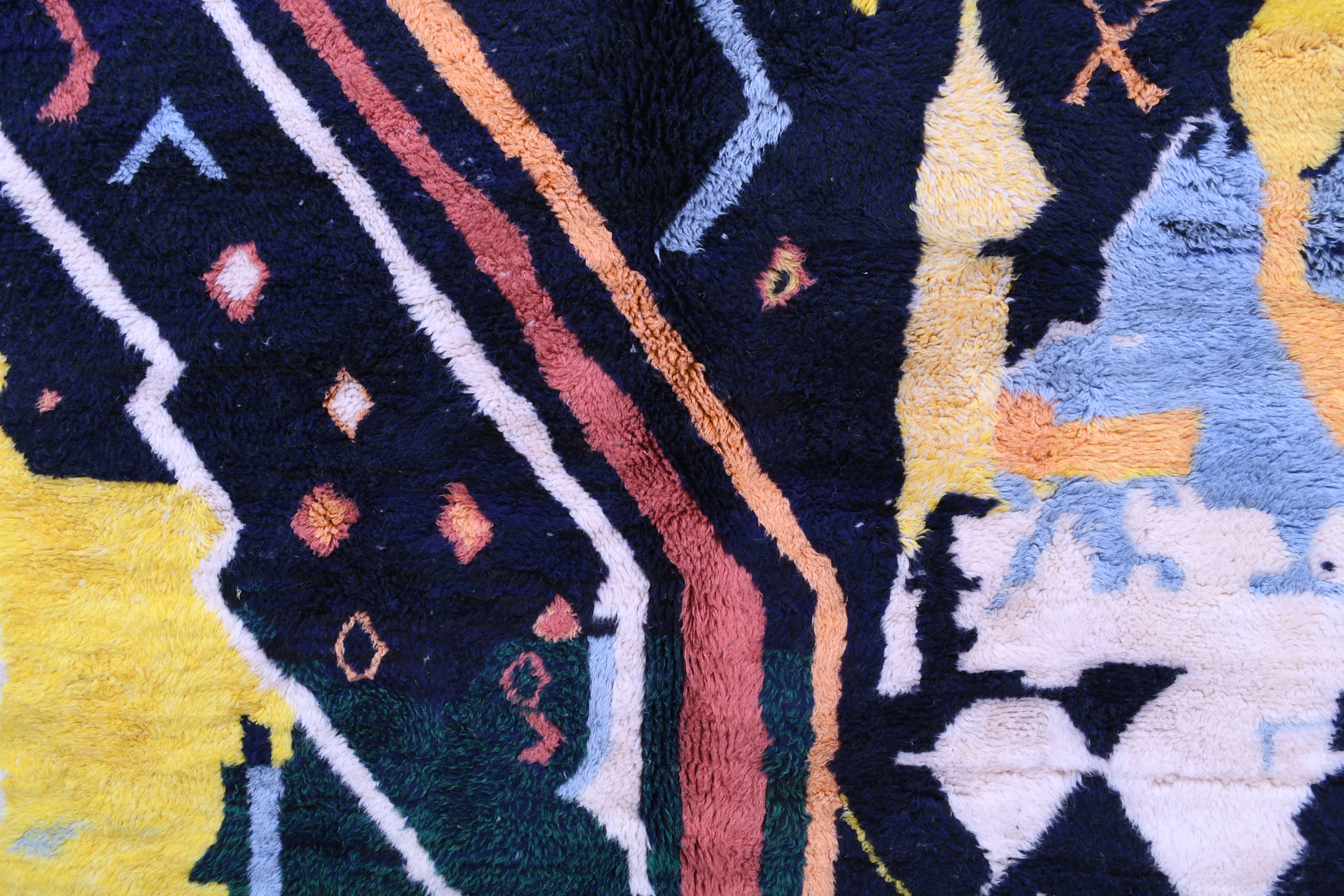 Moroccan Rug Handmade Wool 6x10 - Navy Blue Yellow Modern Boho Area Rug for Living Room Bedroom - Mrirt