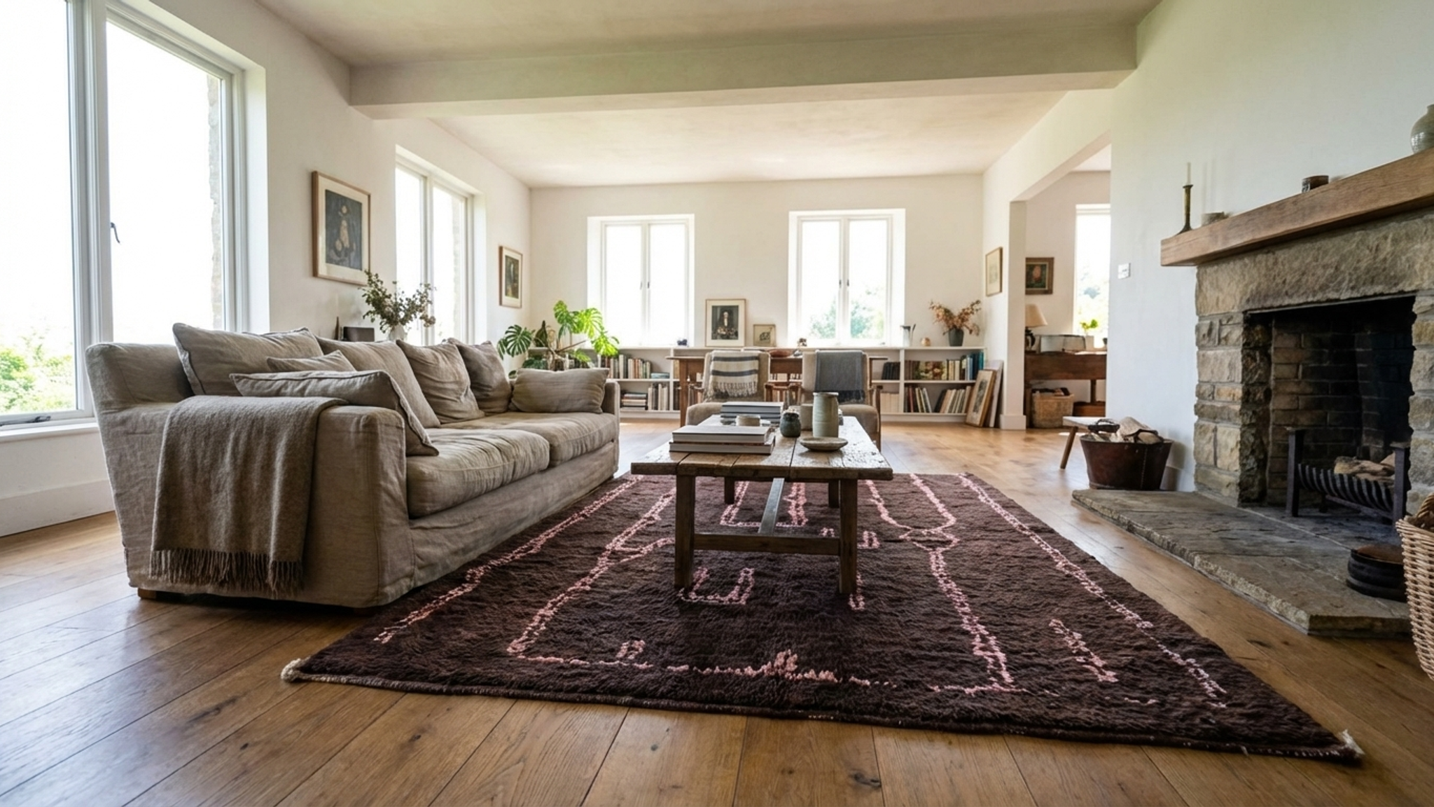 Moroccan Rug Handmade Wool Custom Size - Dark Brown Blush Modern Boho Area Rug for Living Room Bedroom Berber