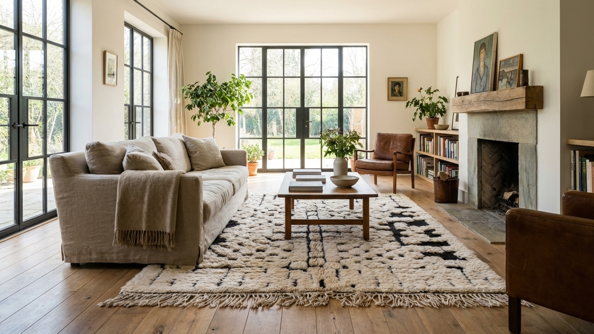 Moroccan Rug Handmade Wool 8x6 - Ivory Black Minimalist Boho Area Rug for Living Room Bedroom - Mrirt