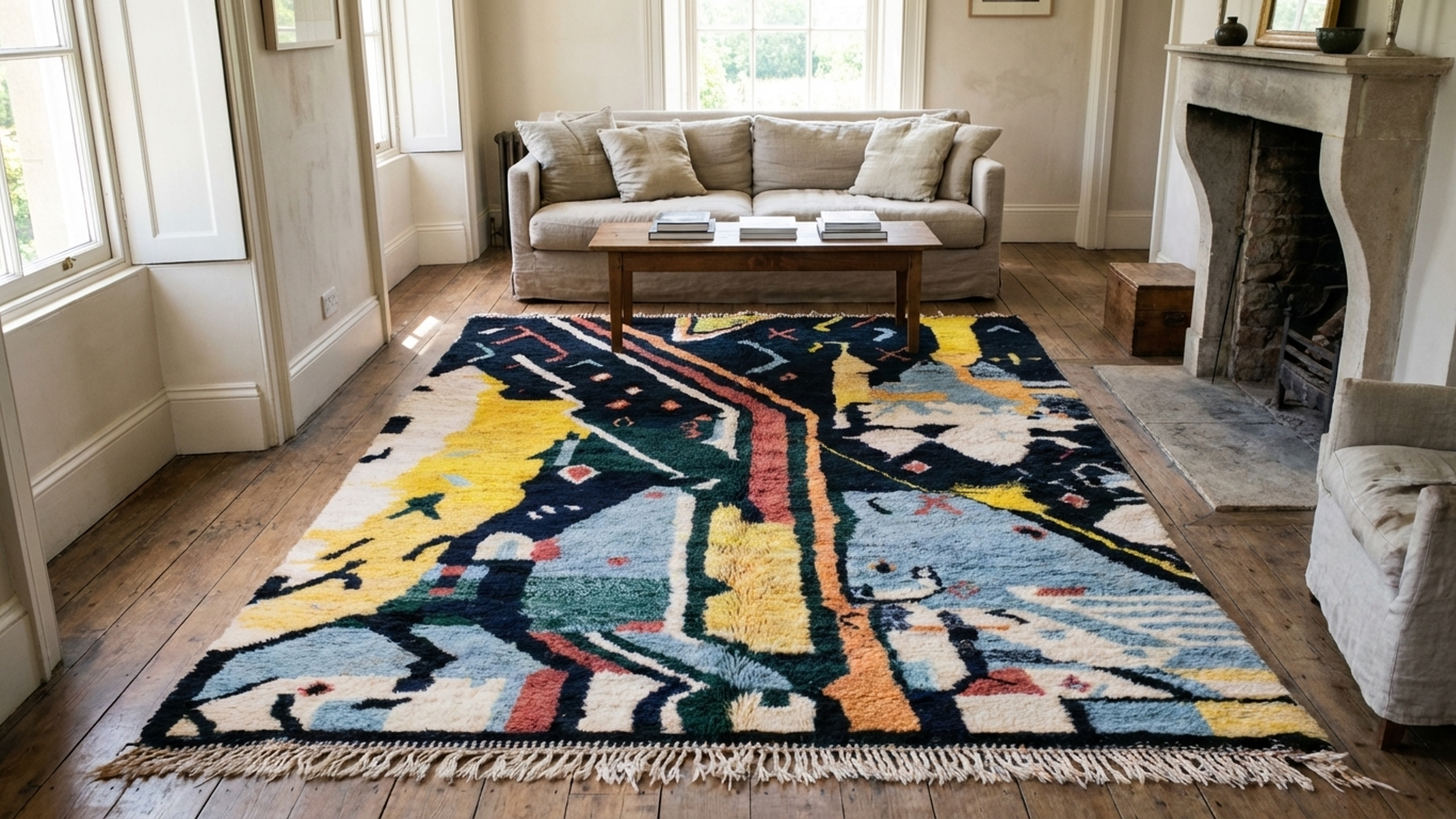 Moroccan Rug Handmade Wool 6x10 - Navy Blue Yellow Modern Boho Area Rug for Living Room Bedroom - Mrirt