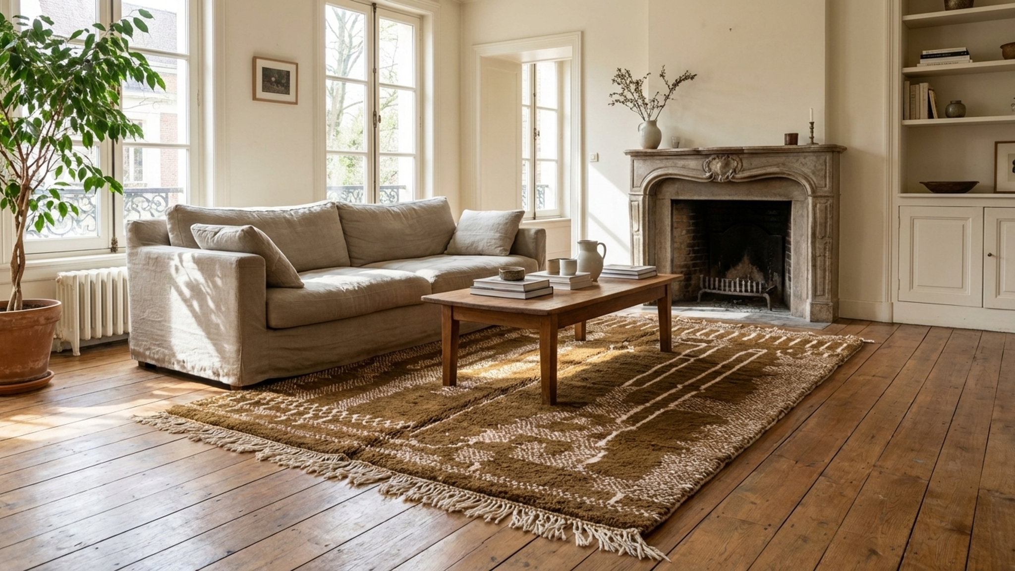 Moroccan Rug Handmade Wool 7x10 - Olive Green Neutral Modern Boho Area Rug for Living Room Bedroom - Mrirt Berber